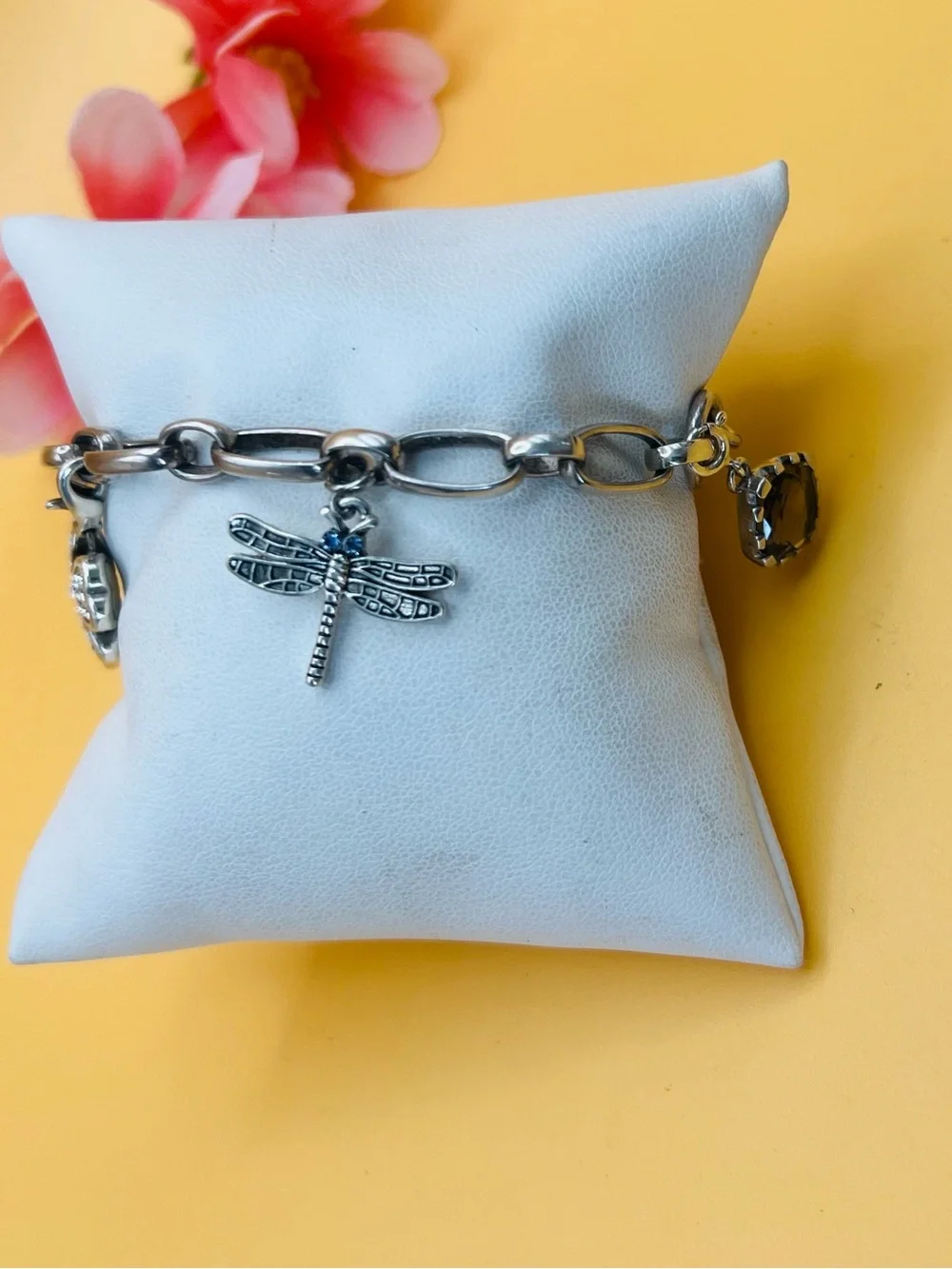 Silver Charm Bracelet with Clover & Dragonfly stamped .925